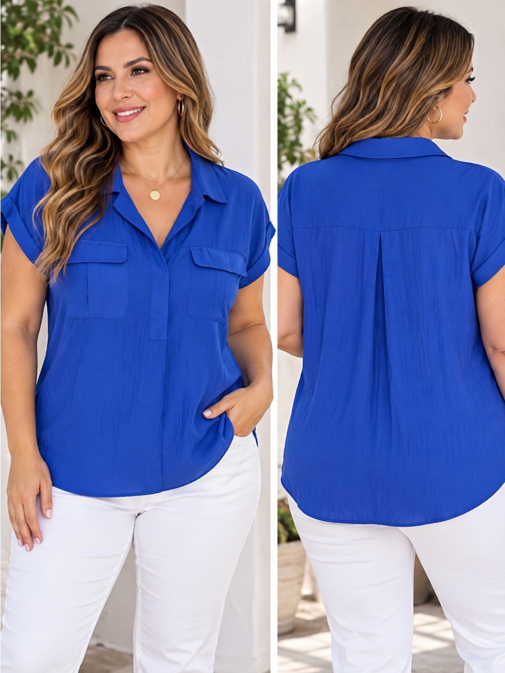 Rose & Olive Royal Blue Short Sleeve Button Down Blouse